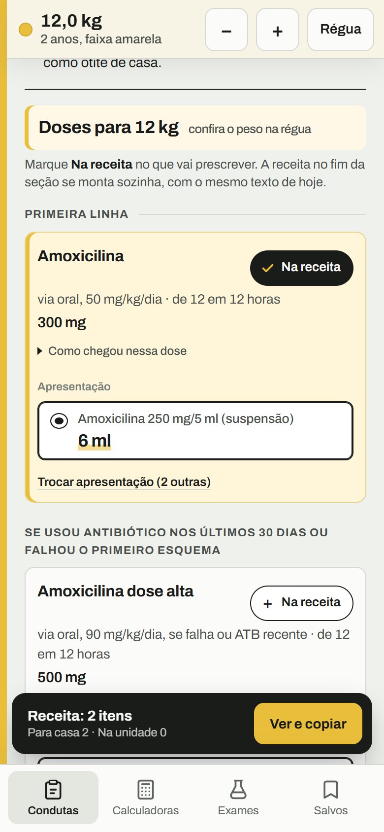 Doses da ficha de otite no celular, com o botão Na receita em cada remédio e o atalho para a receita no rodapé.